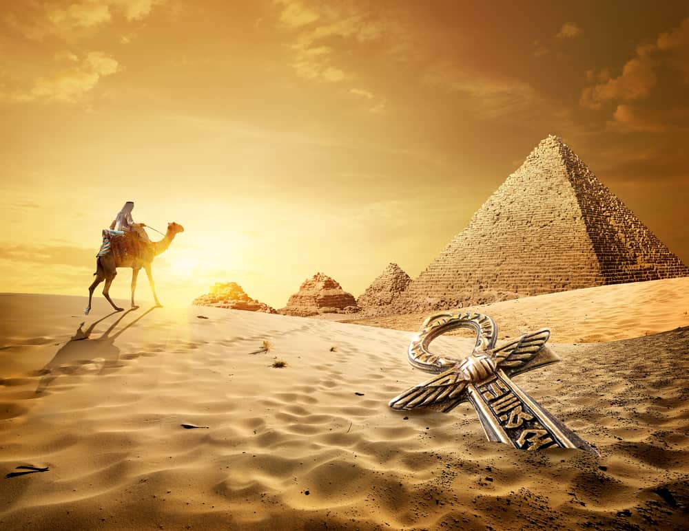 Egyptian History near pyramids and ankh in desert