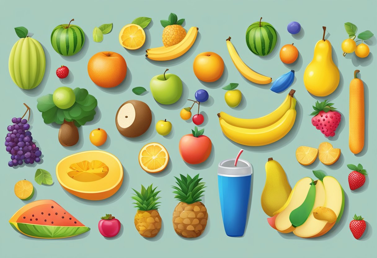 A colorful array of everyday objects, such as fruits, toys, and household items, arranged in groups to demonstrate basic addition and subtraction for kids