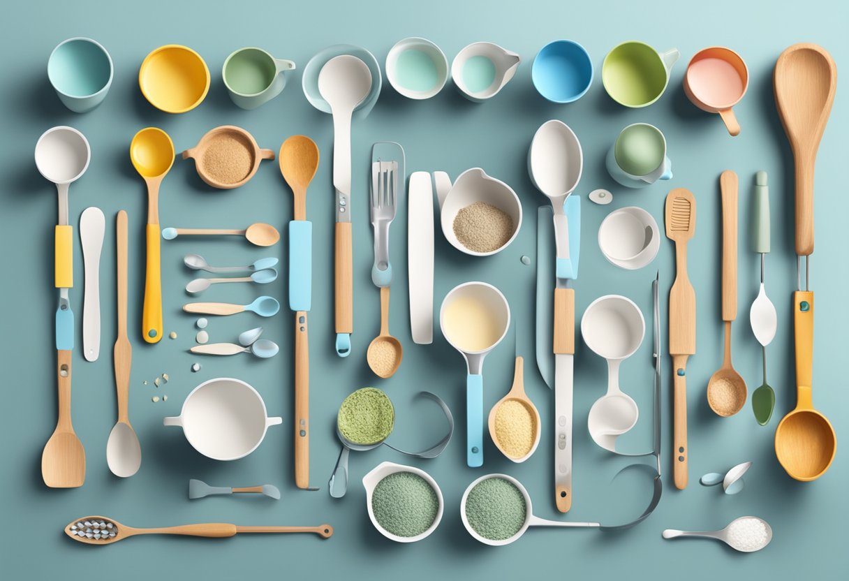 Various kitchen utensils and ingredients are arranged in a mathematical pattern, with measuring cups and spoons in ascending order and numbers written on the ingredients