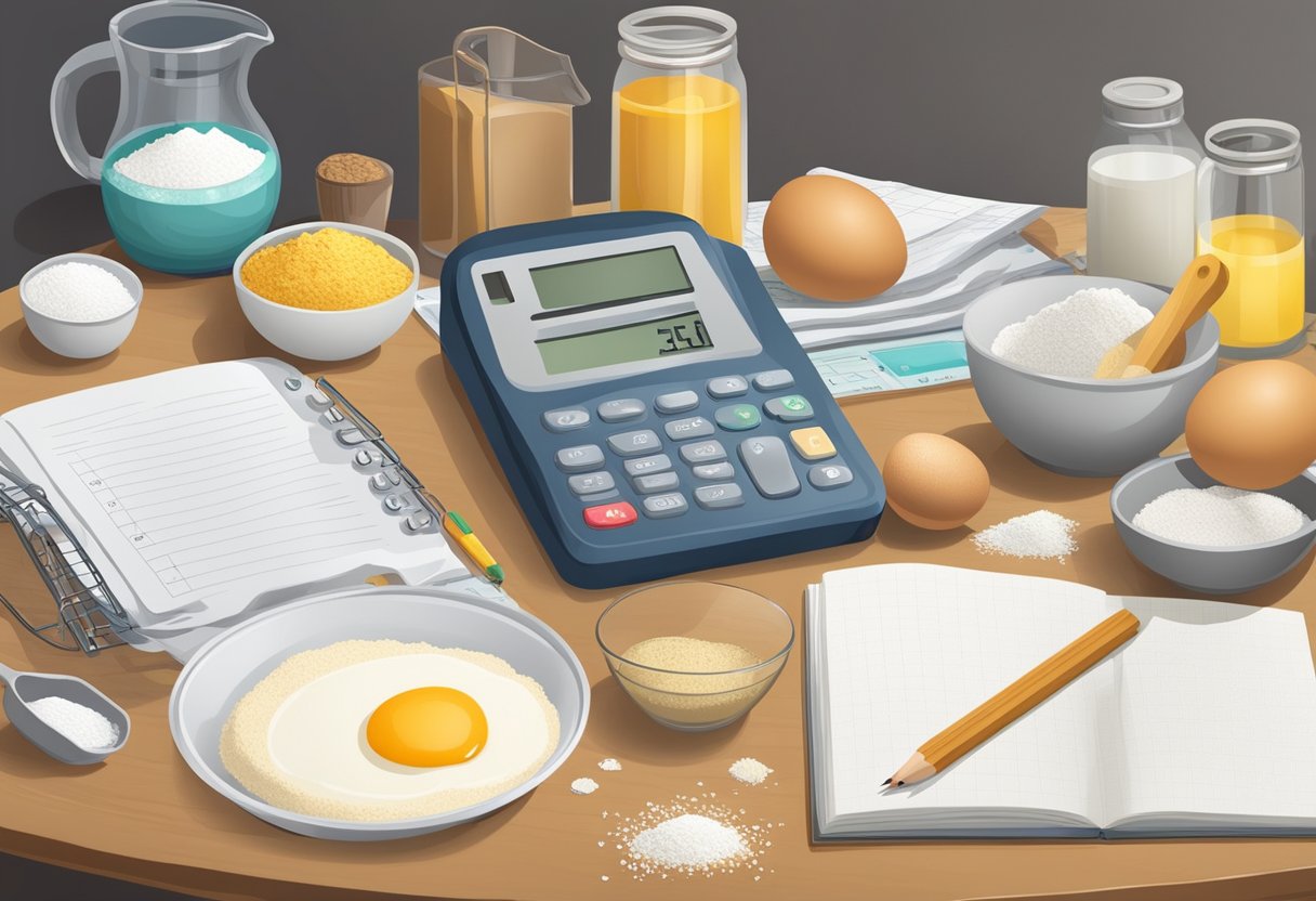 A kitchen table with measuring cups, scales, and recipe books. Ingredients like flour, sugar, and eggs are scattered around. A calculator and pencil sit nearby
