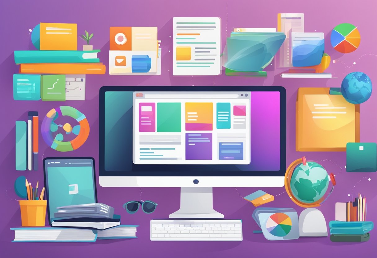 Colorful screens display various career exploration websites and apps, surrounded by books and educational materials