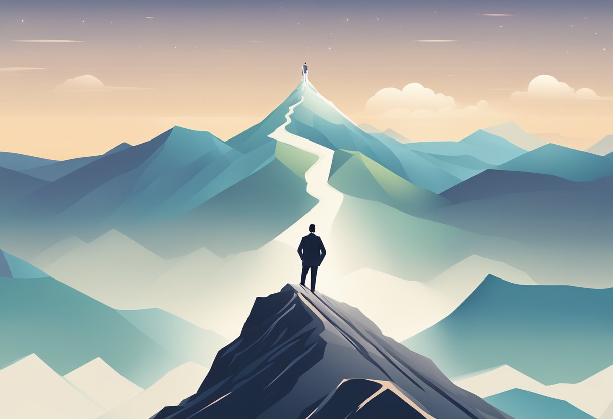 A figure standing at the peak of a mountain, with a clear path leading upwards, symbolizing career progression and success influenced by personality traits