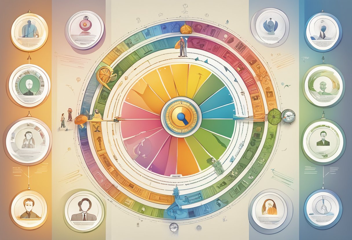 A colorful spectrum of personality traits swirling around a central career compass, each trait represented by symbols and icons