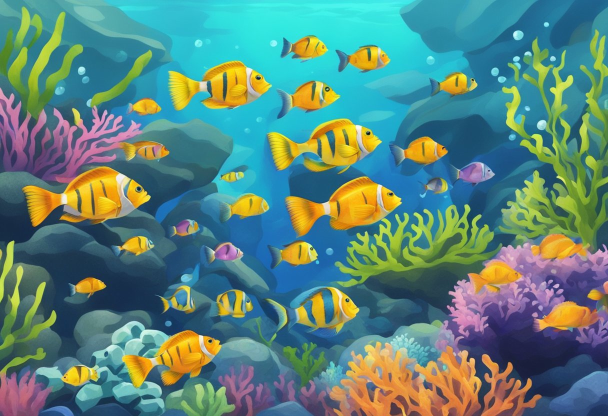 Colorful fish swim among coral, seaweed, and rocks. Count the fish and spot different shapes in the underwater scene