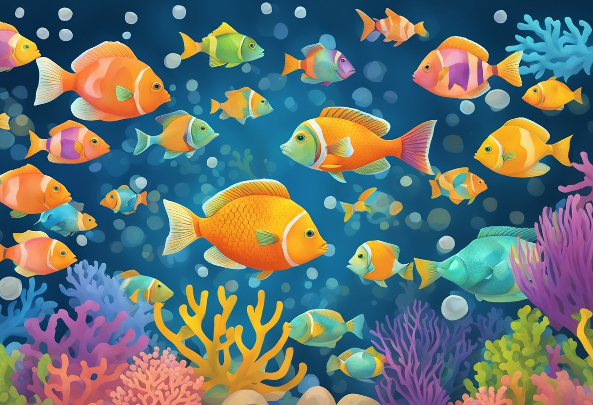 Colorful fish swim in a coral reef. Some fish are grouped together for counting, while others form various shapes like triangles and circles