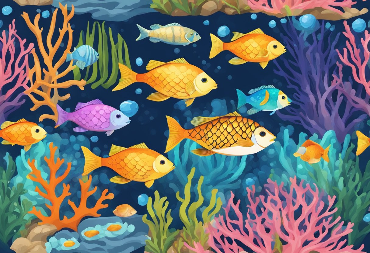 Colorful fish swim among coral, shells, and seaweed. Count the fish and find shapes hidden in the underwater scene