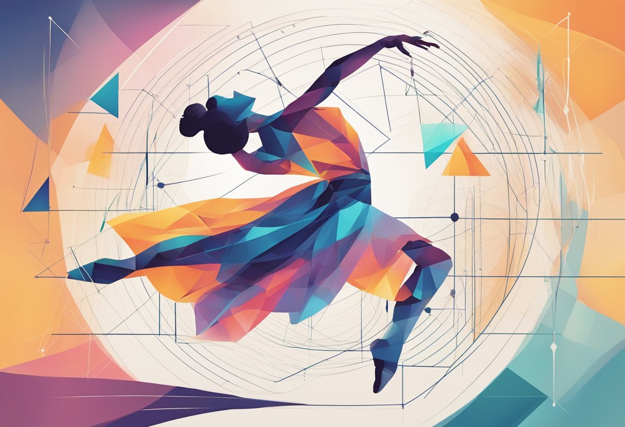 A dancer's graceful movements intersect with geometric shapes and equations, showcasing the fusion of math and dance in a dynamic and fluid composition