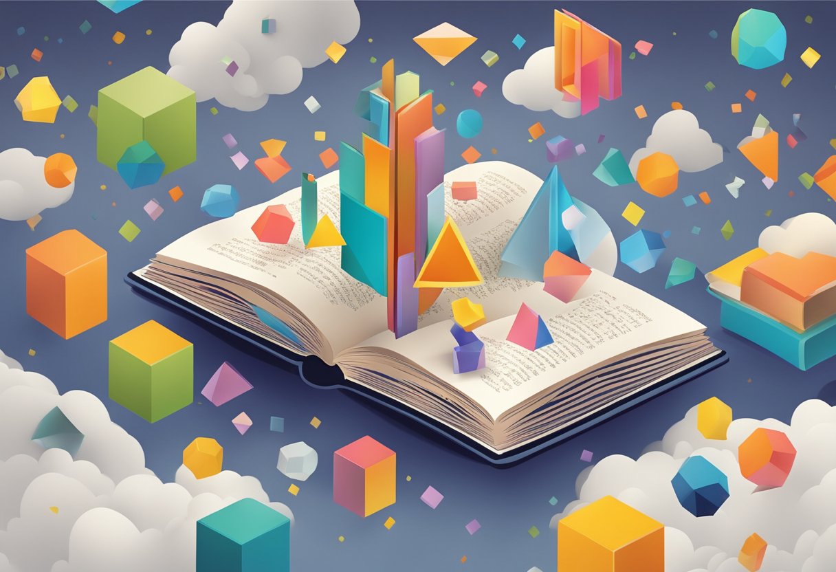 The Maths of Stories: Counting Characters and Pages - A Dazzling Guide to Story Quantification The Maths of Stories,counring,Learning LearningMole A book with colorful geometric shapes and numbers floating above it