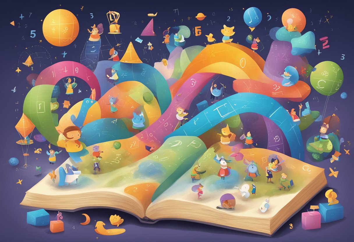 The Maths of Stories: Counting Characters and Pages - A Dazzling Guide to Story Quantification The Maths of Stories,counring,Learning LearningMole A colorful array of storybook characters and pages, with numbers and equations floating around, creating a visual representation of the mathematical concepts within the stories