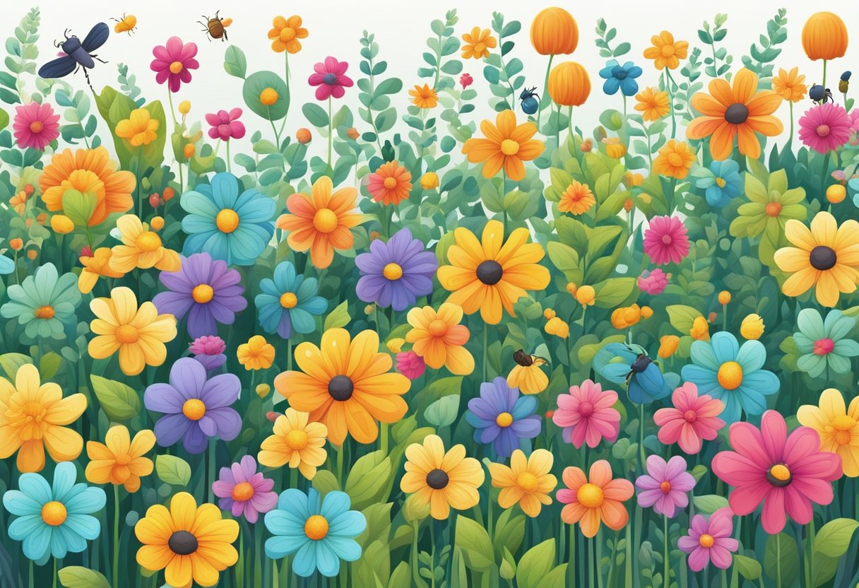 Maths in the Garden: Counting Flowers and Bugs for Fun Outdoor Learning Maths in the Garden,count LearningMole A garden with rows of colorful flowers and buzzing bugs, creating a pattern of shapes and colors. The flowers are arranged in a sequence, with different numbers of bugs on each one