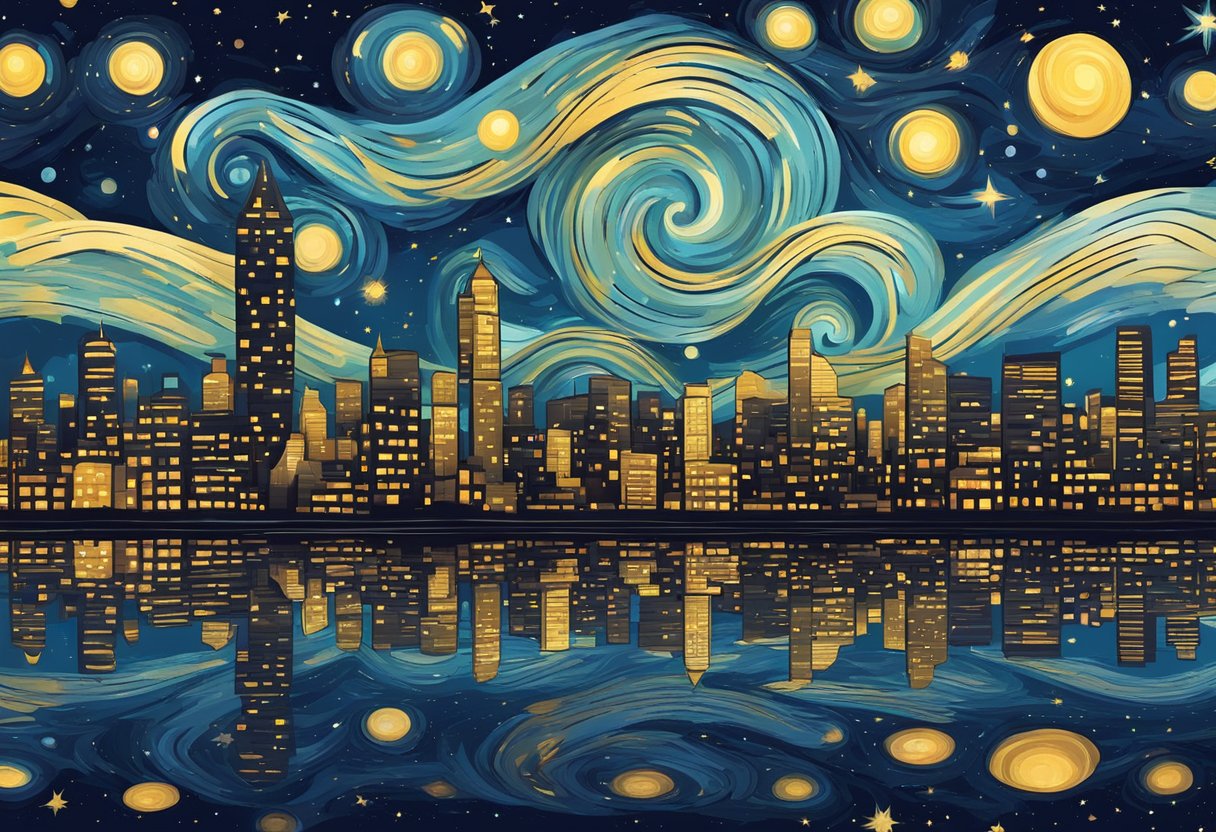 Starry Night Maths: Counting Stars and Planets in the beautiful Night Sky Starry Night Maths,stars LearningMole A modern city skyline with a night sky filled with stars and planets, resembling Van Gogh's "Starry Night."