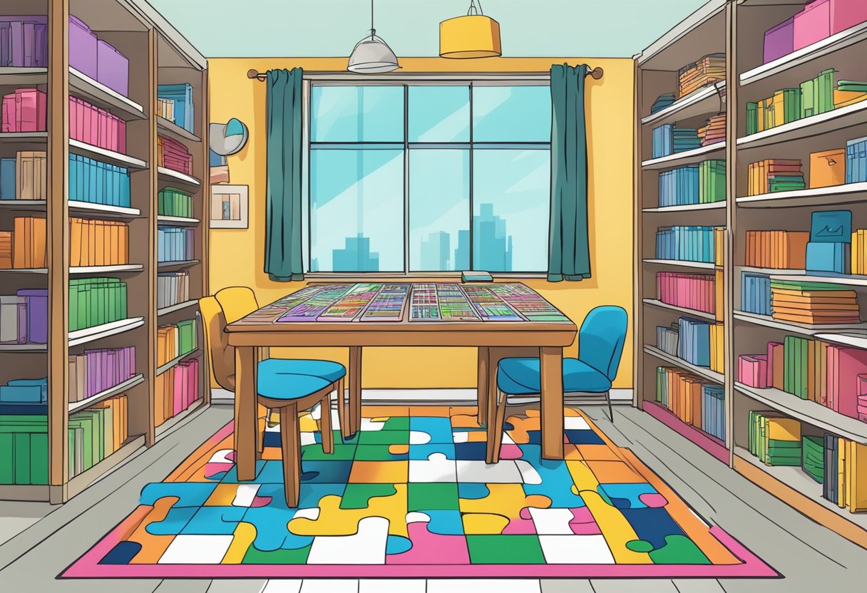 A table covered in colorful math puzzles and games, surrounded by shelves stocked with budget-friendly resources