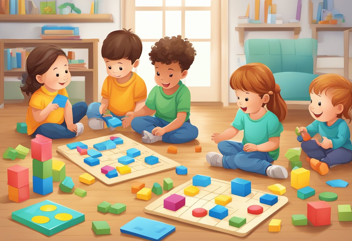 Children playing with math-themed puzzles and games, moving and learning through active play