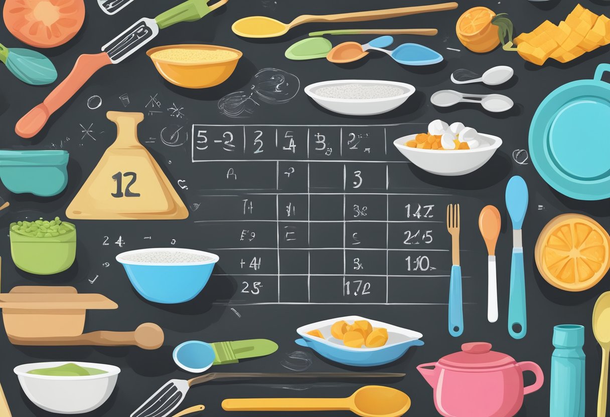 Colorful kitchen scene with measuring cups, spoons, and ingredients scattered on the counter. Math equations and puzzles displayed on a chalkboard