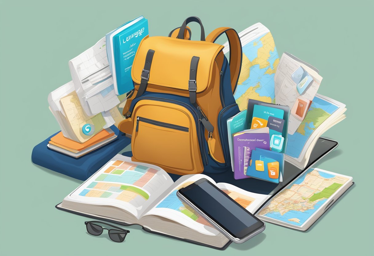 A traveler's backpack open with language phrase books, maps, and a smartphone displaying language learning apps