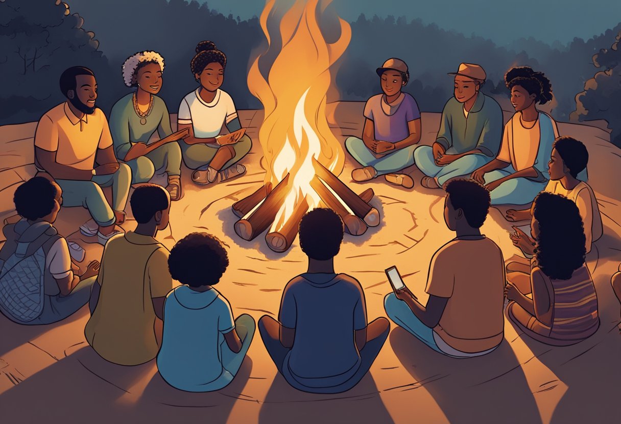 A diverse group of people gather around a campfire, listening to music from different cultures. The lyrics are displayed on a screen, connecting everyone through the power of song