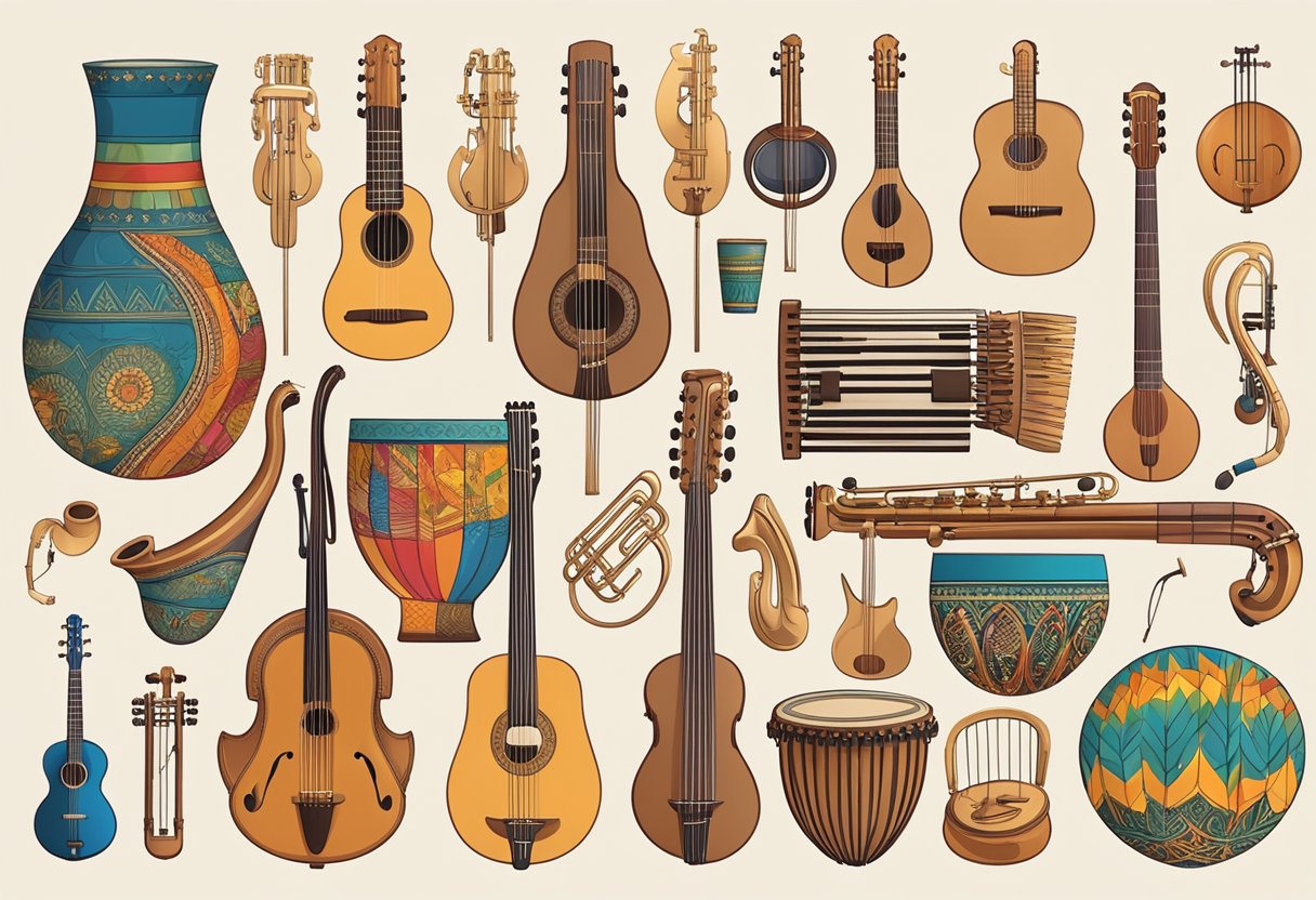 A diverse group of musical instruments from around the world come together, creating a harmonious blend of sounds that reflect the emotions and identities of different cultures