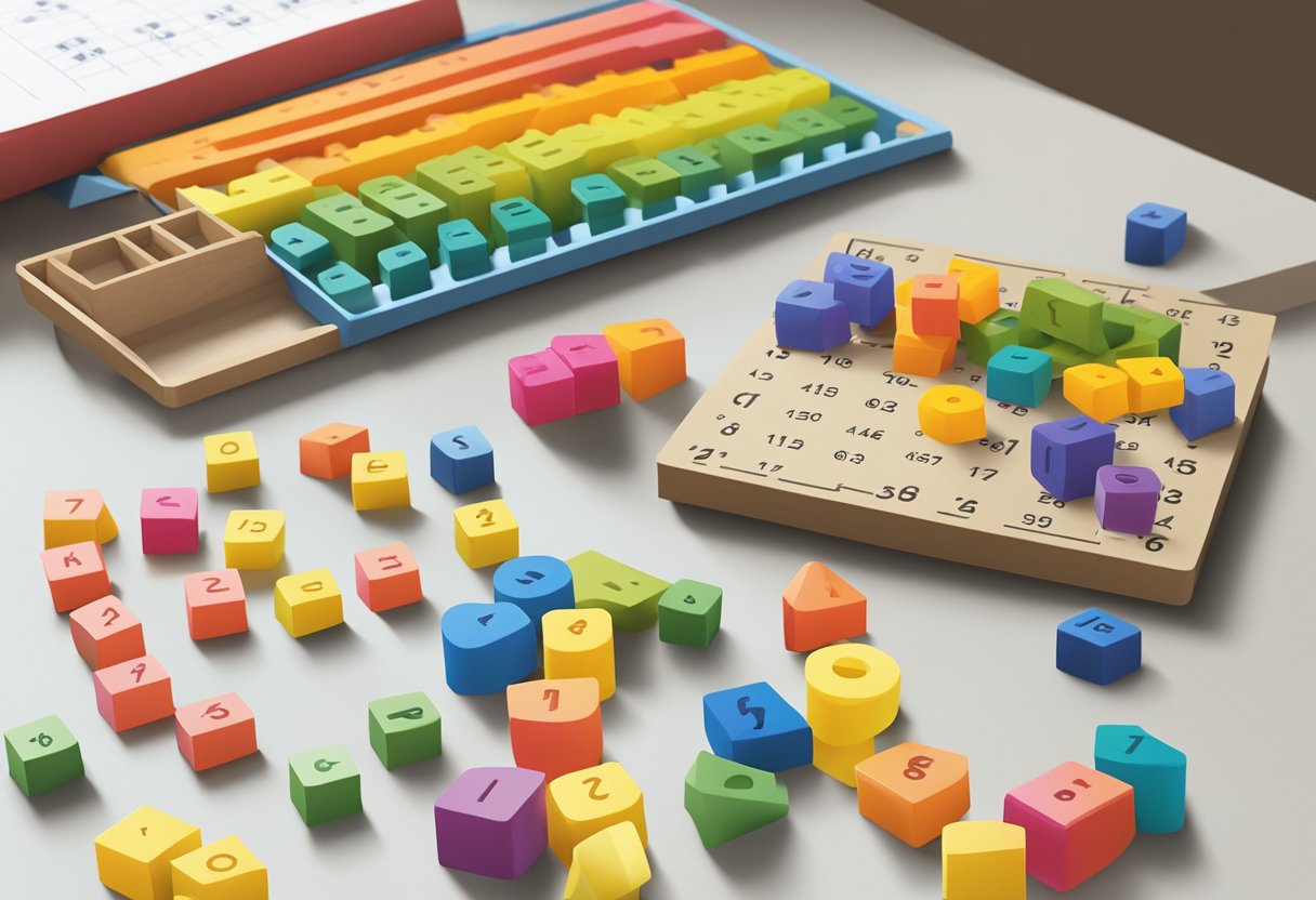 Colorful math manipulatives scattered on a table, with a ruler, abacus, and counting blocks. A book titled "Discovering Numbers Counting Wonders" sits open nearby