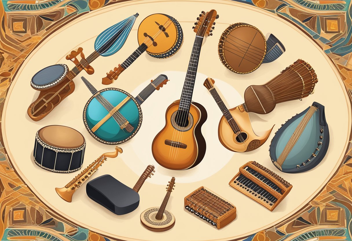 A diverse group of musical instruments from around the world, including a sitar, djembe, guitar, and flute, are arranged in a circle, symbolizing the universal language of music