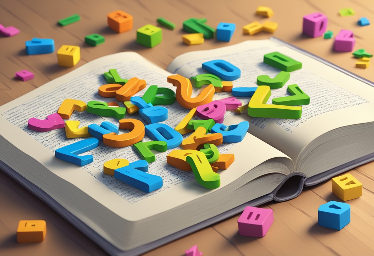 Colorful letters scattered across a table, forming words in a jumble. A dictionary and language workbook sit nearby. A playful, educational atmosphere