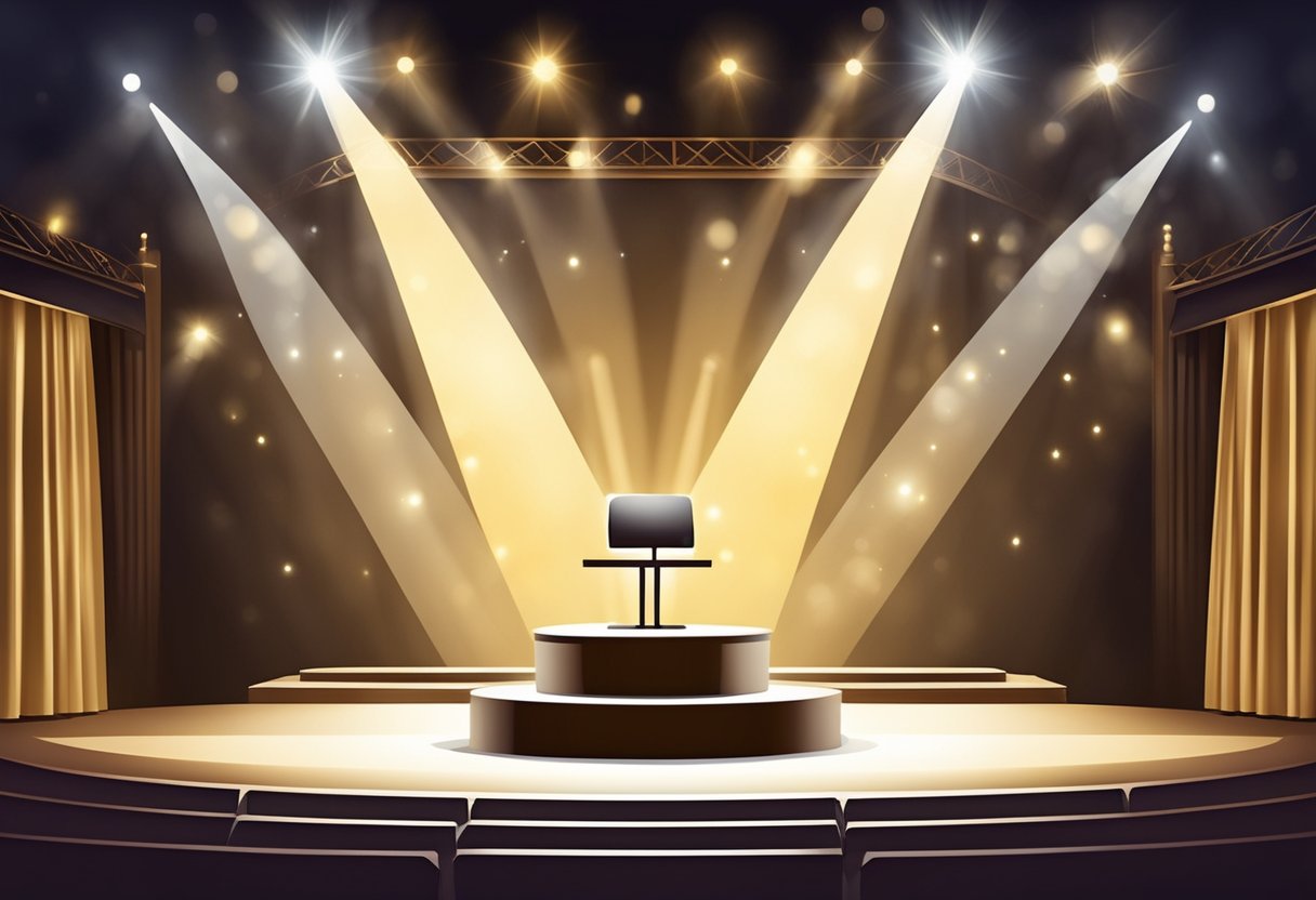 A spotlight shines on a stage, illuminating a podium. The audience sits in anticipation, eager for what's to come. The atmosphere is charged with excitement, ready for a captivating presentation to begin