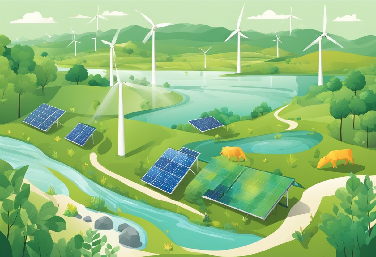 A lush green landscape with wind turbines, solar panels, and recycling bins. Animals roam freely, and clean water flows from a river. Graphs and charts show progress towards sustainable development goals