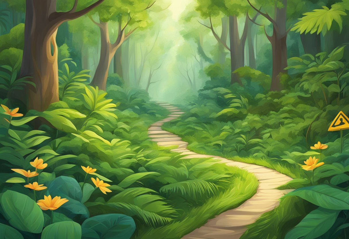 A winding path leads through a lush forest, revealing hidden career symbols among the foliage and wildlife