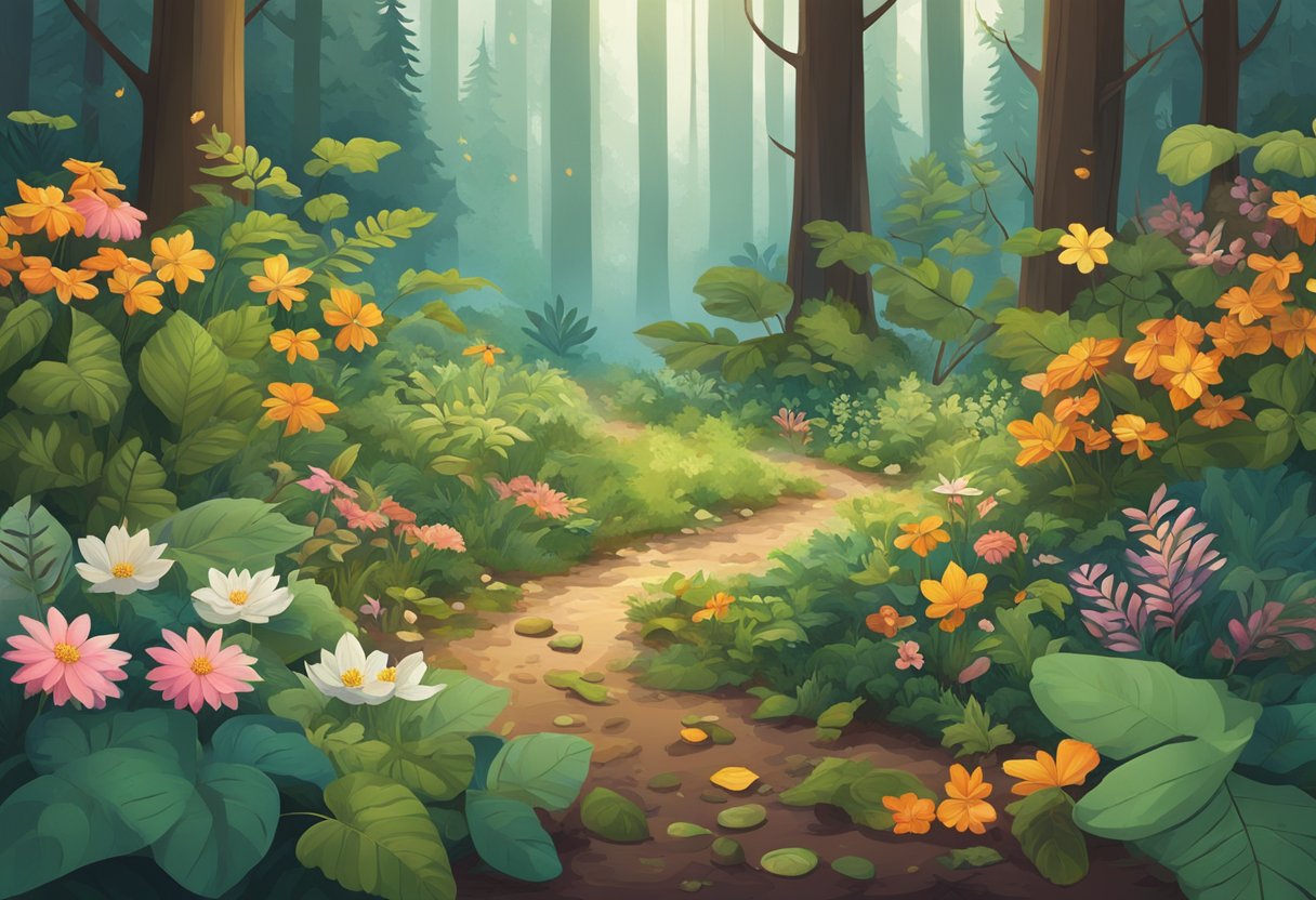 Maths in Nature: Counting Beautiful Petals and Leaves — Exploring Nature's Numerical Patterns Maths in Nature LearningMole A variety of leaves and flowers scattered across the forest floor, showcasing different shapes, sizes, and colors, creating a mesmerizing display of nature's beauty