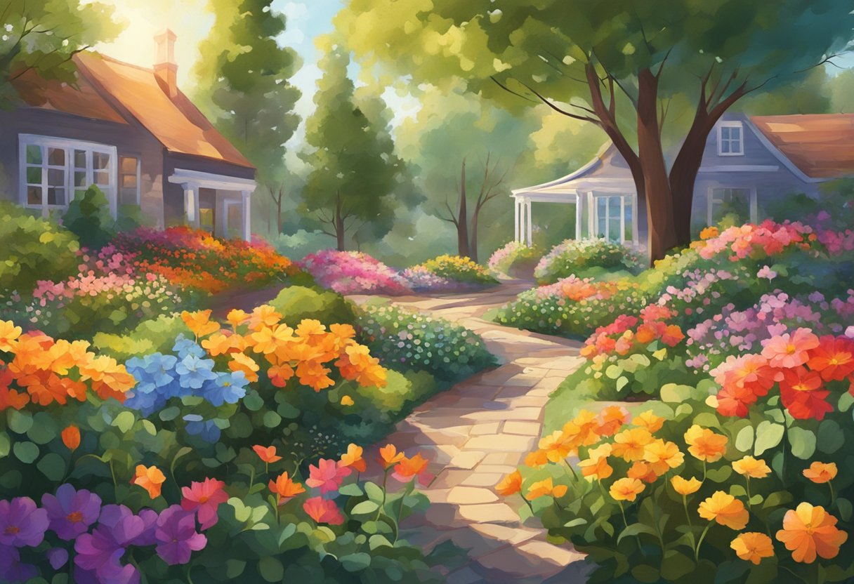 Maths in Nature: Counting Beautiful Petals and Leaves — Exploring Nature's Numerical Patterns Maths in Nature LearningMole Bright sunlit garden, vibrant flowers with varying petal counts, scattered leaves on the ground