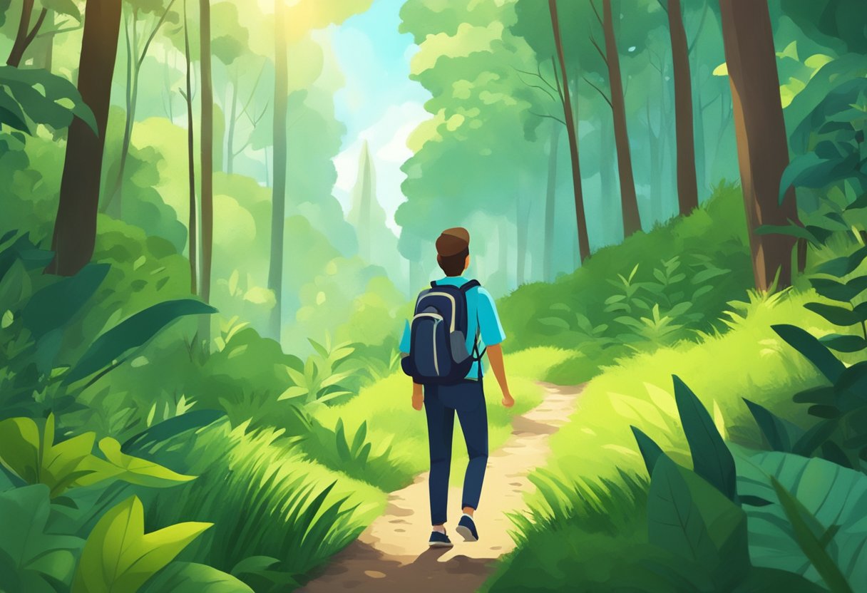 A person hiking in a lush forest, surrounded by vibrant greenery and sunlight, breathing in fresh air, feeling calm and rejuvenated