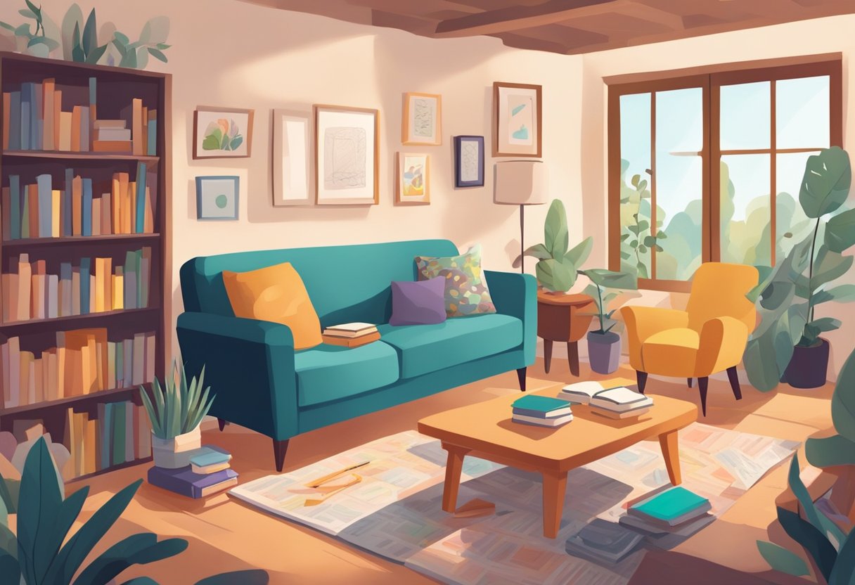 A cozy living room with books, puzzles, and art supplies scattered around. A parent and teacher collaborate, discussing strategies to nurture gifted children