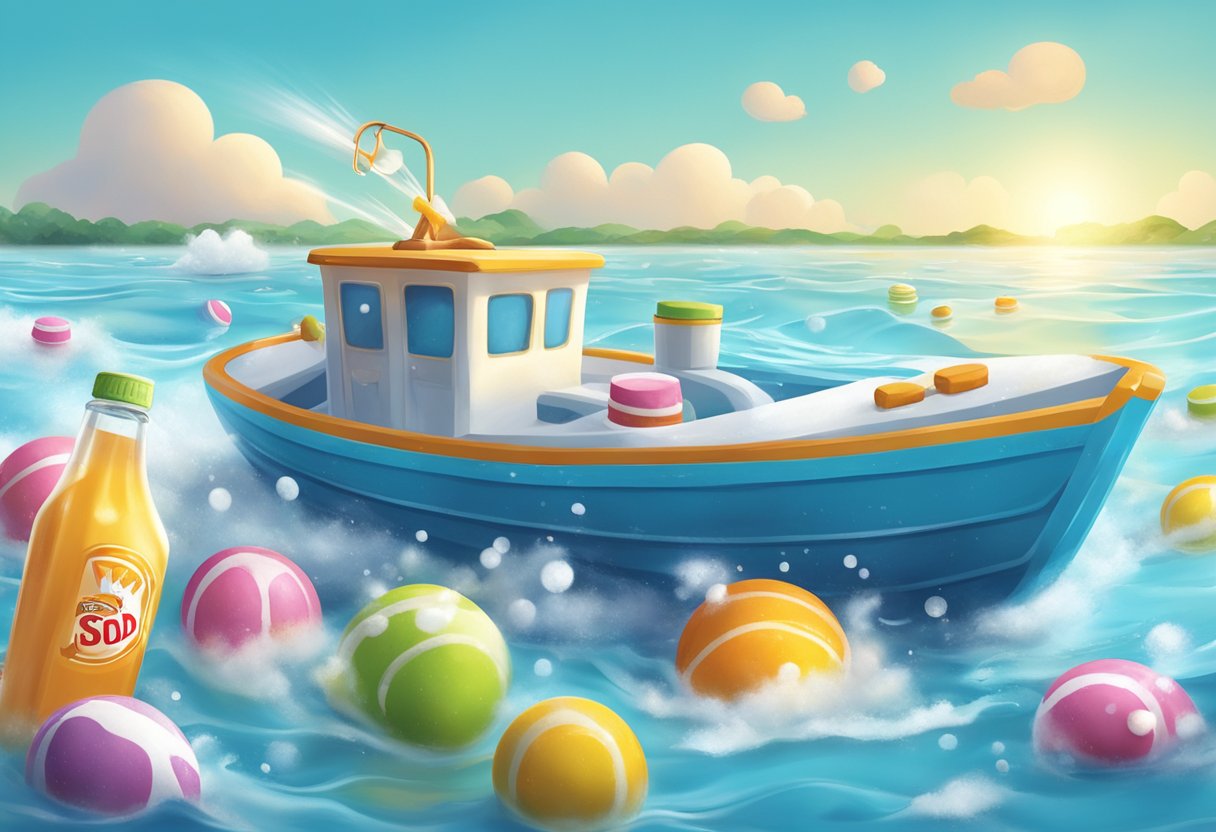 Baking soda boats fizz and float on water, creating a playful and engaging scene for illustration