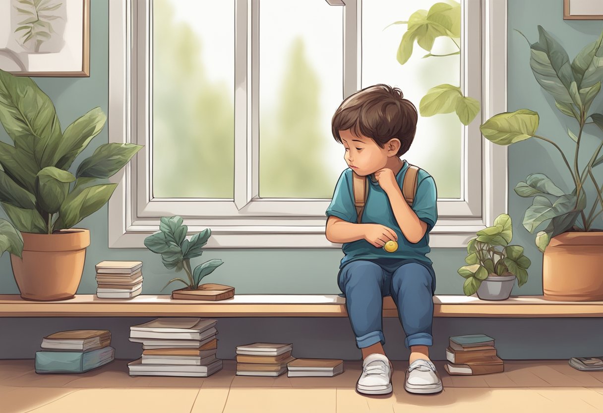 A calm and focused child sitting in a quiet corner, using deep breathing techniques and a fidget toy to regulate emotions