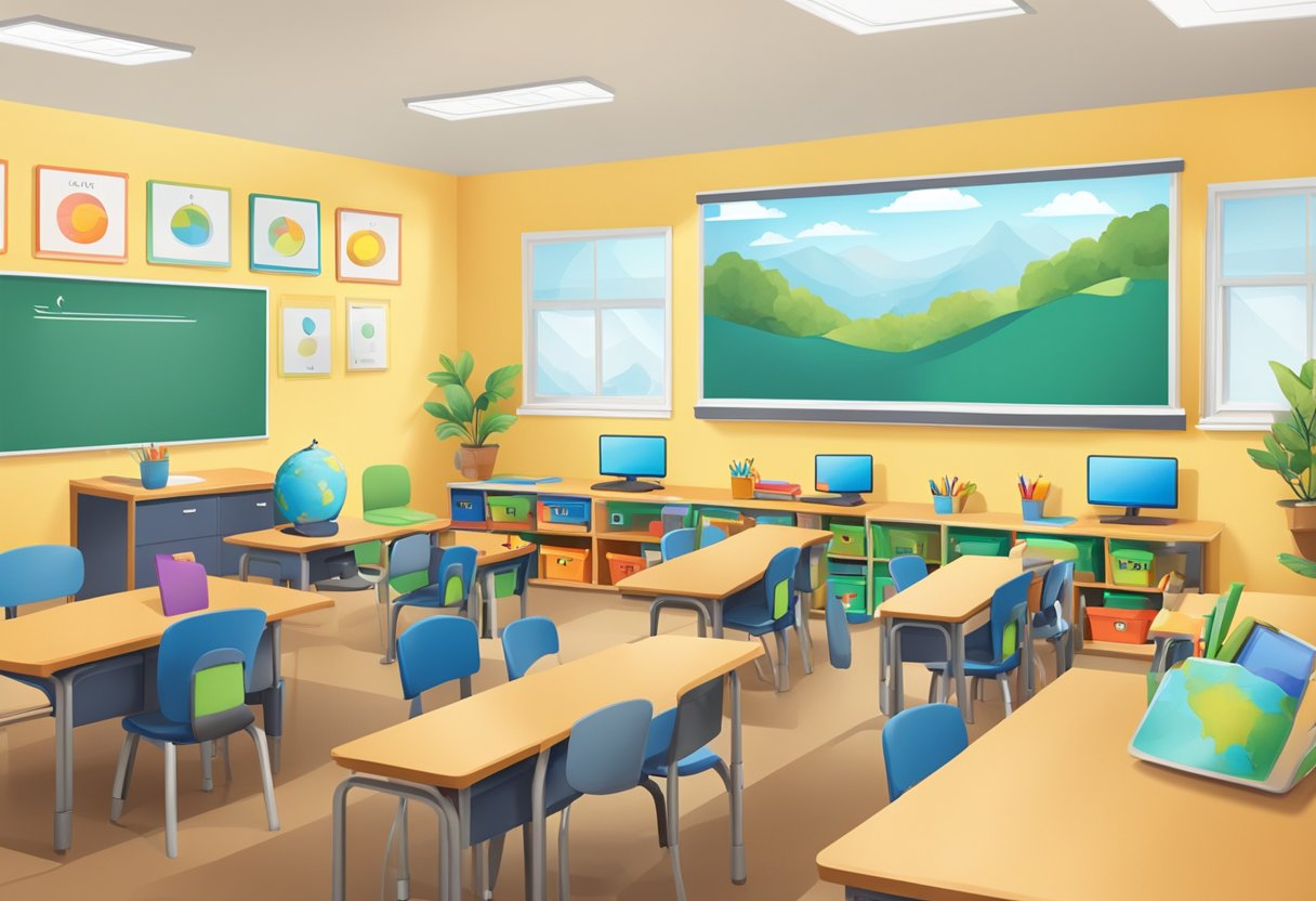 A classroom with diverse learning tools and technology, a calm and organized environment with visual aids and sensory resources for emotional regulation