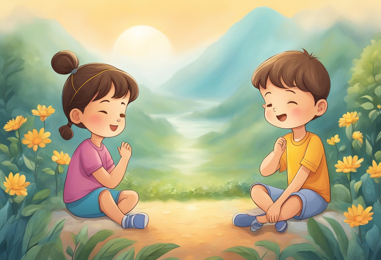 Children using deep breathing and visualization techniques to regulate emotions in a calm, nurturing environment