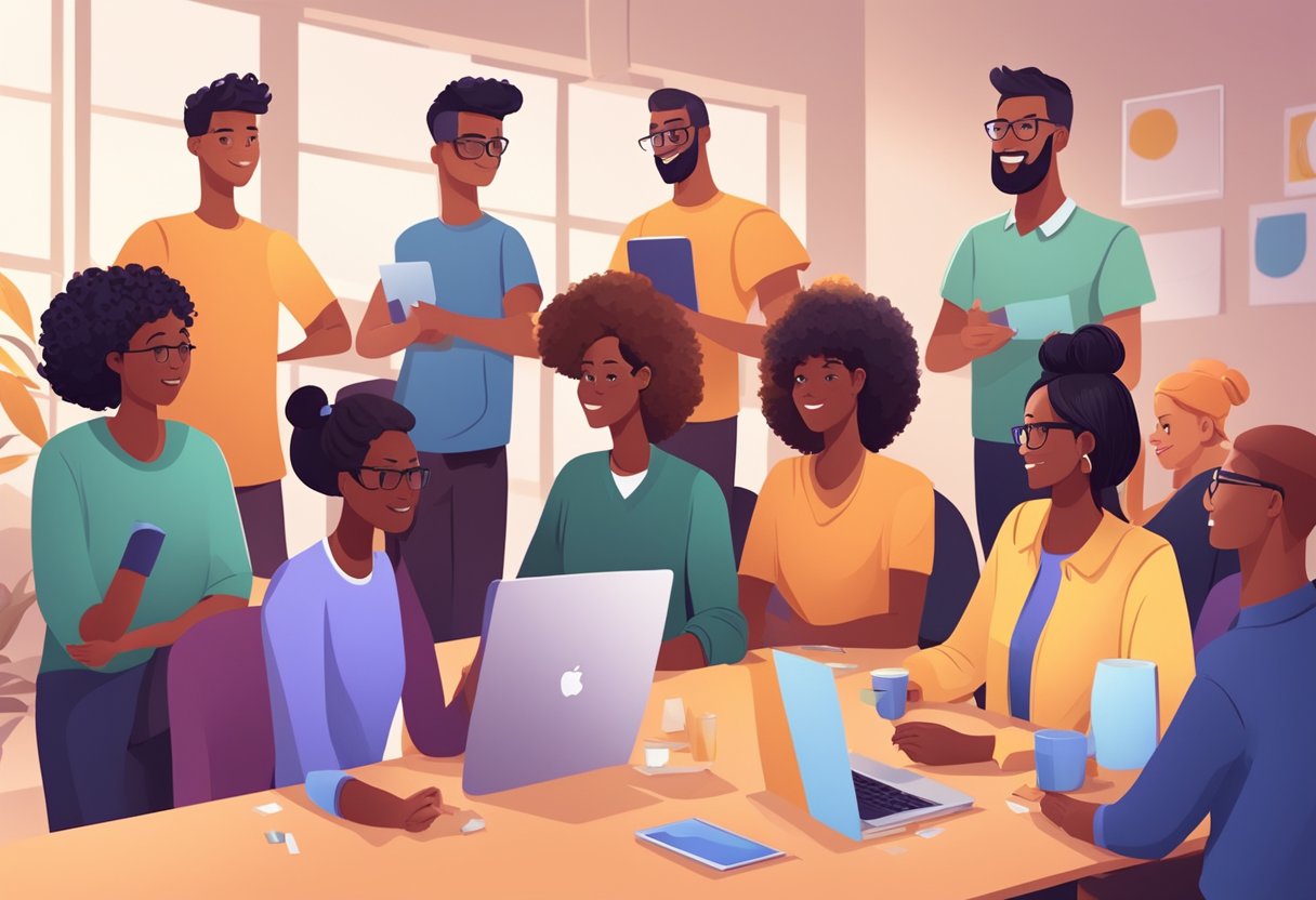 A group of diverse characters engage in various social activities, such as communication exercises and team-building games, in a supportive and inclusive environment