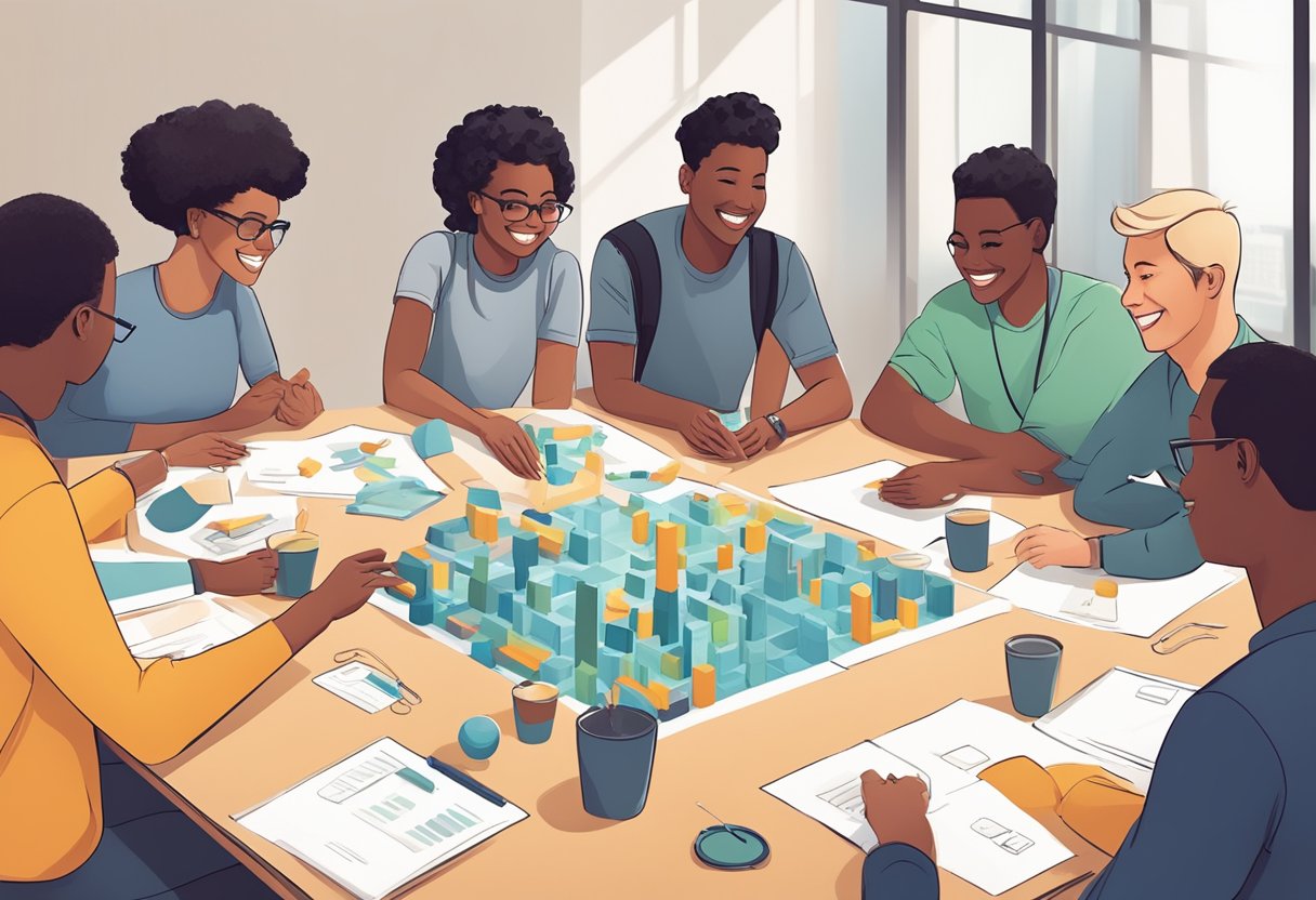 A group of diverse individuals engage in interactive group activities, such as team-building exercises and communication games, in a welcoming and inclusive environment