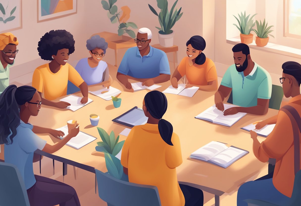 A group of diverse characters engage in various social activities, such as teamwork exercises and communication games, in a welcoming and inclusive environment