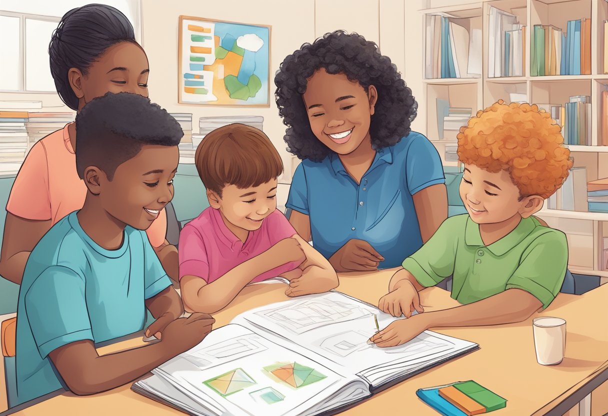 A group of diverse learners engage in interactive activities, fostering social skills and adapting to different needs in a supportive environment