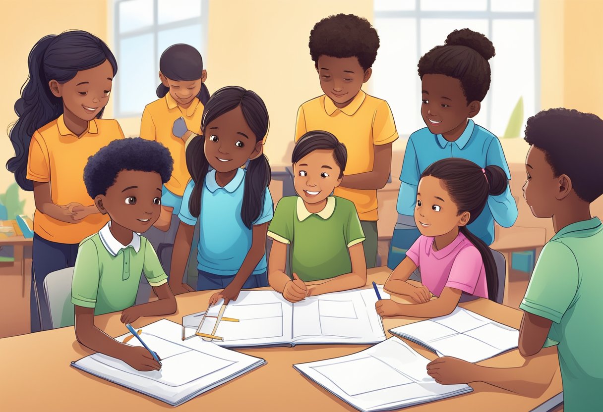 A group of diverse children engage in a collaborative activity, working together to solve a problem or complete a task. They are communicating and interacting with each other in a positive and inclusive manner