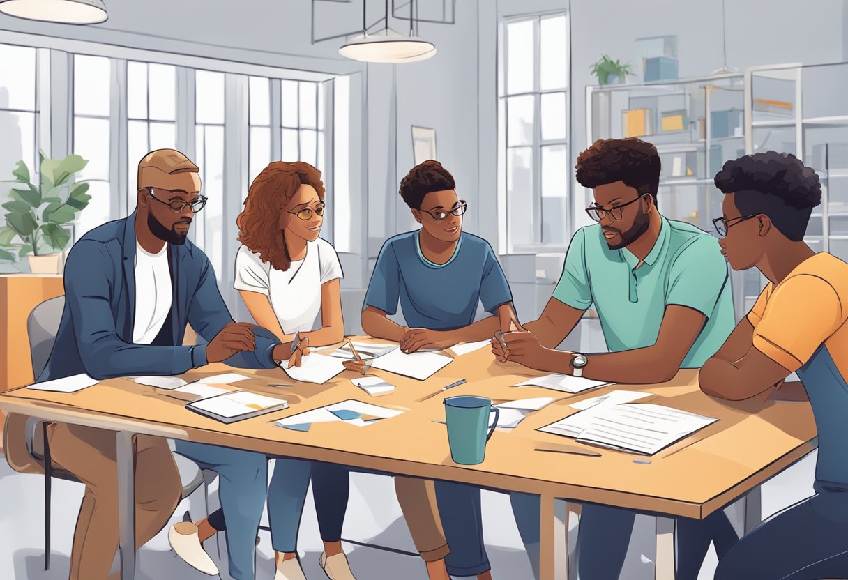 A group of diverse individuals engage in problem-solving activities, demonstrating teamwork and communication skills