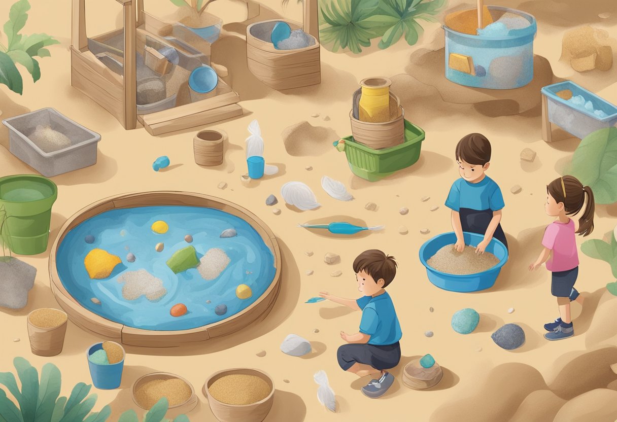 Children engage in sensory play with various textures and materials, exploring with curiosity and delight. A range of sensory activities are spread out, including bins of sand, water tables, and tactile objects like feathers and squishy toys