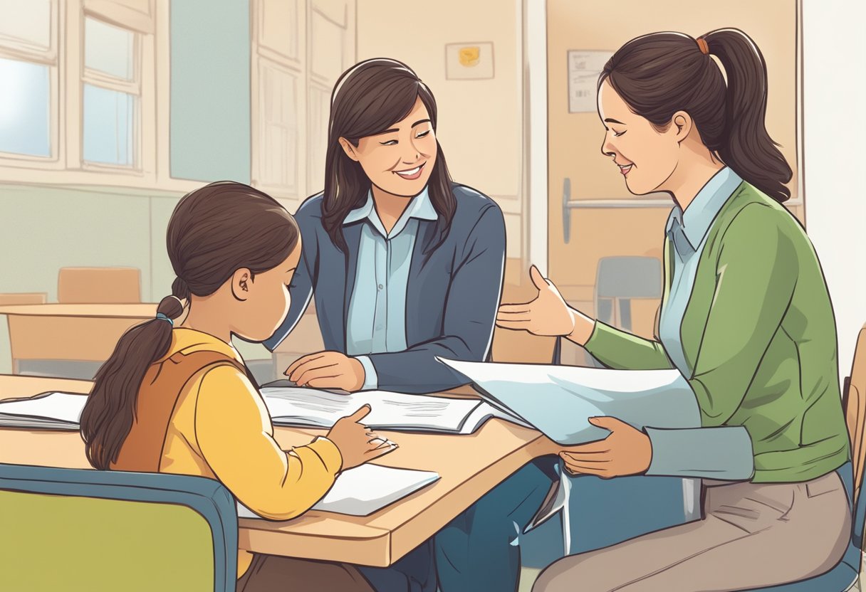 A parent and a teacher engage in open dialogue, using visual aids and non-verbal cues, to effectively communicate and support a child with special educational needs