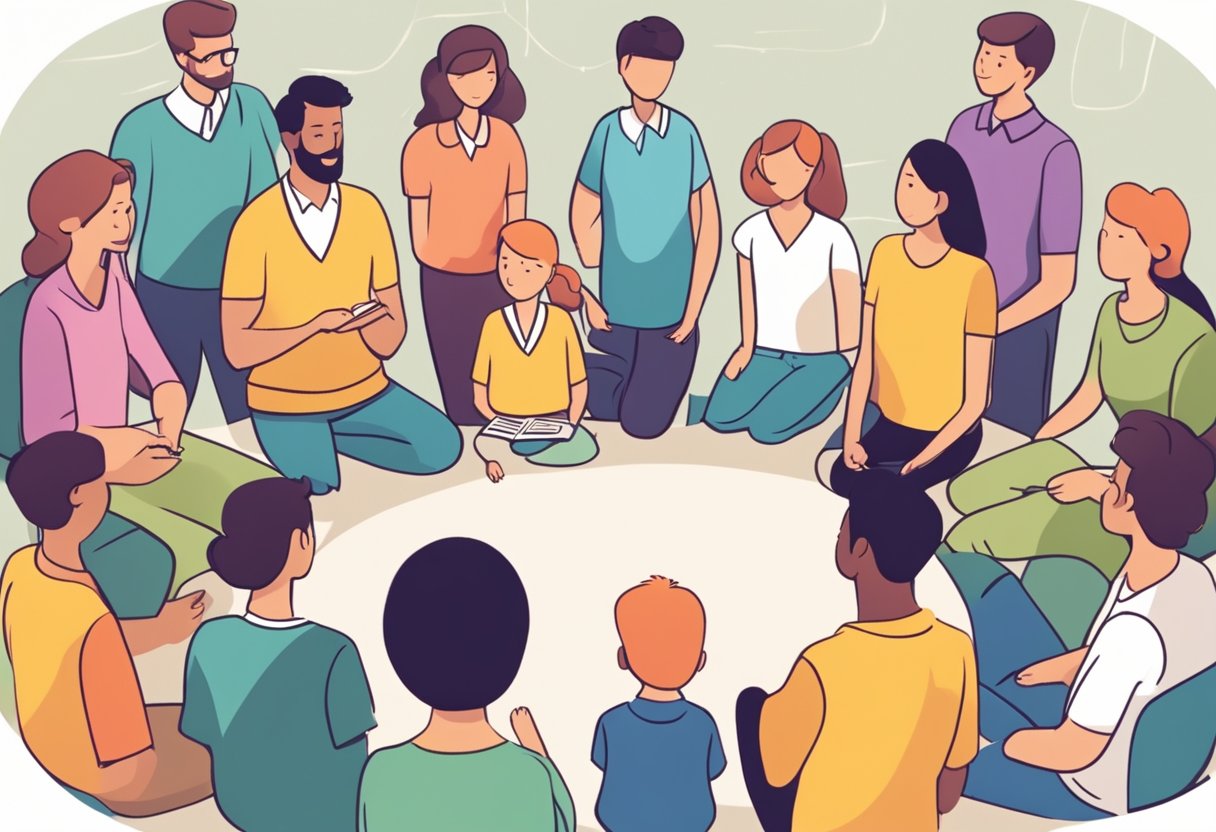 A group of parents and teachers gather in a circle, exchanging information and ideas. Charts and diagrams are displayed, and everyone is engaged in conversation and active listening