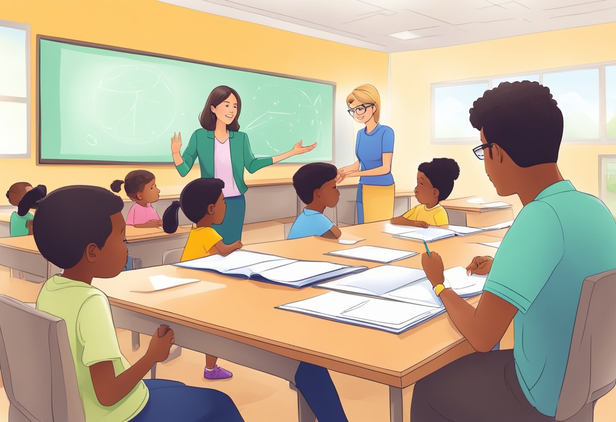 A classroom with a teacher and parent discussing goals for SEN children, using visual aids and clear communication techniques