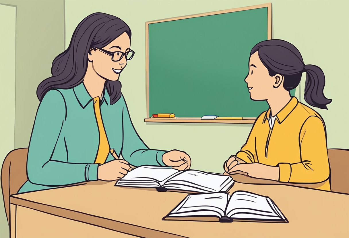 A teacher and a parent engage in open dialogue, exchanging ideas and strategies to support the progress of SEN children. They use visual aids and active listening to ensure effective communication