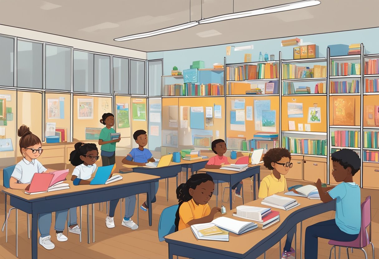 A classroom with diverse books on shelves, posters of different cultures, and students working together on inclusive projects