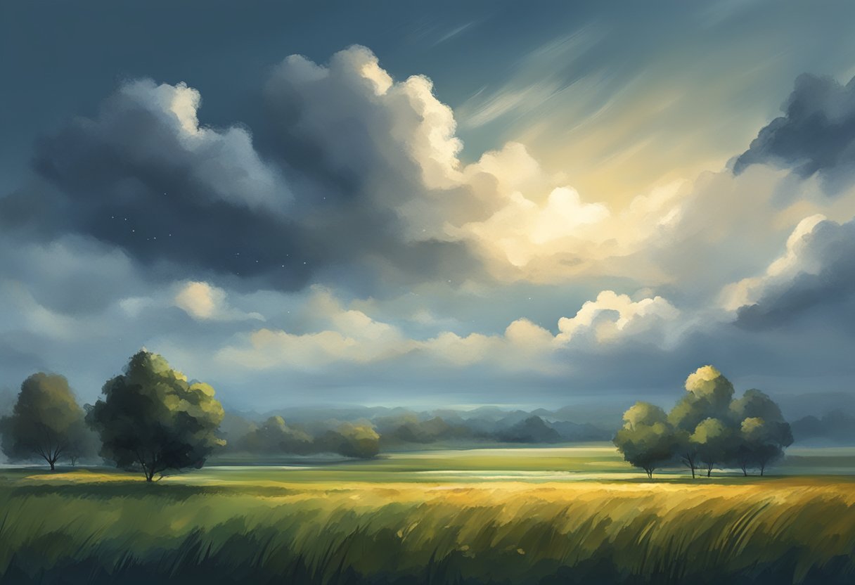 Clear skies transition to dark clouds, wind picks up, rain begins to fall, temperature drops