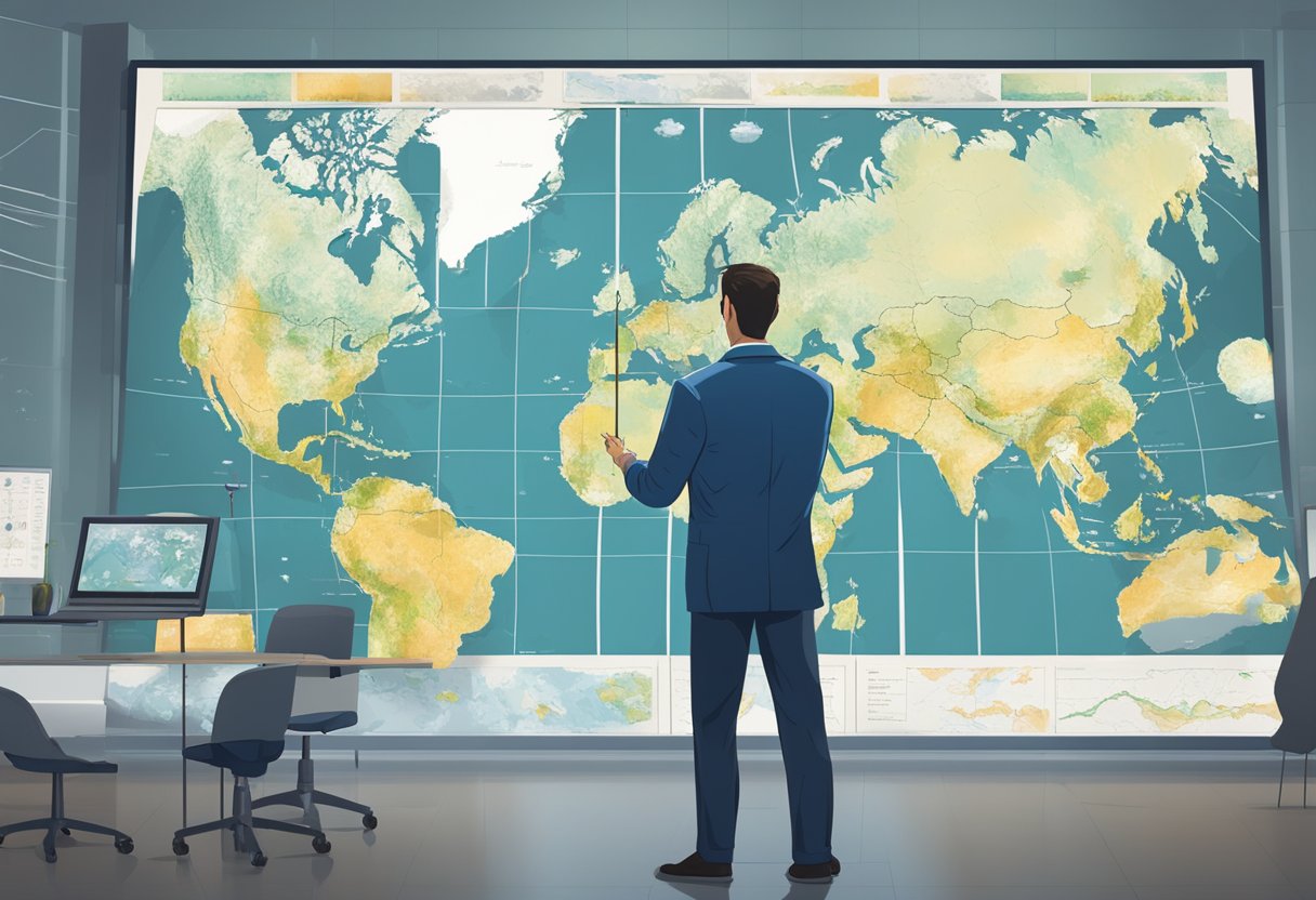 A meteorologist stands in front of a large map, pointing to various weather symbols and charts. A radar screen and satellite images are displayed on the wall behind them