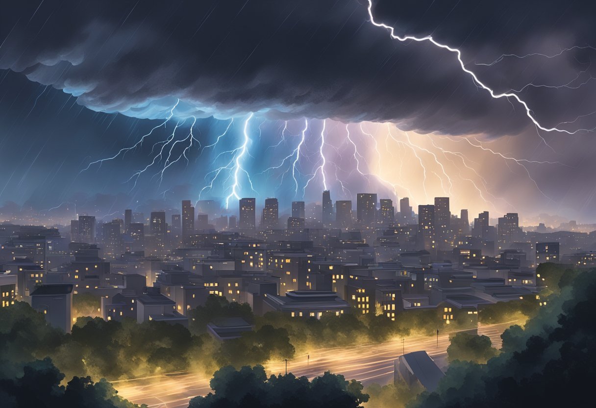 A dark, swirling storm cloud looms over a city skyline, with lightning bolts illuminating the sky. Rain pours down in sheets, and strong winds bend trees and whip up debris